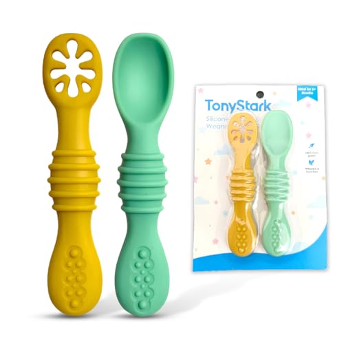 Image of TONY STARK Baby Weaning Spoon Set of 2, Spoons Feeding, Silicone Spoon for Baby 6 to 12 Months, Gum Friendly, BPA Free, Soft & Durable Self-Feeding Spoons