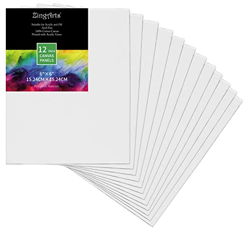 Zingarts Canvases for Painting 6x6 Inch 12-Pack,100% Cotton Primed Painting Canvas Panels, Canvas Boards is for Professionals,Students & Kids, for Acrylic Paint, Oil Paint, Watercolor, Gouache