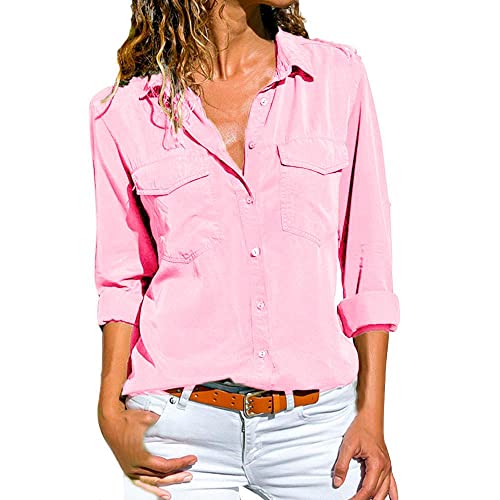 Gillberry Womens Button Down V Neck Shirts Blouse Roll Up Sleeve Oversized Casual Work Plain Tops Dress Shirt S-5XL Pink