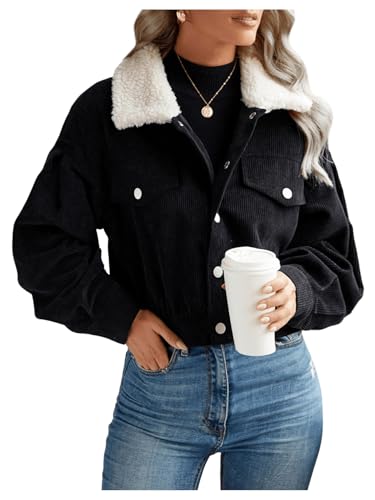 SOLY HUX Women's Corduroy Jacket Fuzzy Collar Button Down Long Sleeve Cropped Fall Jacket Outerwear