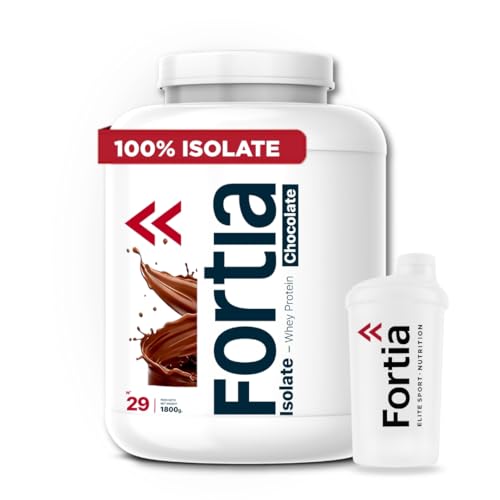 FORTIA Whey Protein Isolate 100% 36g/dosis + Shaker – Proteina Isolada de Suero Premium Hecha en España | Proteína Alta en BCAA, Leucina y Glutamina | Mejora Masa Muscular | Chocolate 1800g