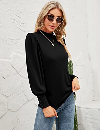 Qirno Womens Mock Neck Long Sleeve Blouse Casual Bishop Sleeve Solid Basic T Shirt Loose Pullovers Tunic Tops Black Small #TOP2