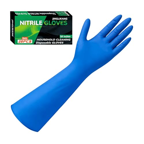 JINGLIKANG 16inch Nitrile Disposable Gloves Long Sleeves Blue 6mil Durable Waterproof 20PCS Clean Dishwashing White Medium Size (20 Blue M)