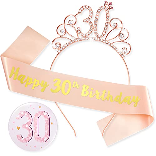 3 Pezzi Set di Decorazioni per 30° Compleanno in Oro Rosa Distintivo per il 30° Compleanno Sash di Happy 30th Birthday Corona di Compleanno in Oro Rosa