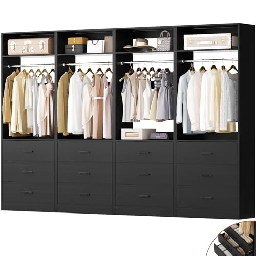 Besiost Closet System Set of 4, 8FT Closet Systems with 12 Wood Drawers, 96" Closet Organizer System with 4 Hanging Rods & 4 Shelves, Heavy Duty 96 Inch Walk-in Closet, Black (96"L x 15" W x 80" H)