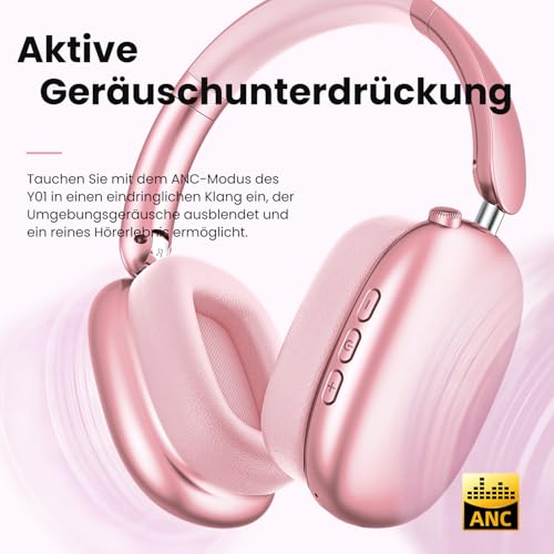 Wentronic Y01 Noise-Cancelling-Kopfhörer, Kabellose Over-Ear-Kopfhörer, Bluetooth 5.3, Hi-Res Sound, 48h Wiedergabe, faltbar, mit Mikrofon für iOS/Android/PC – Rose – Bild 3