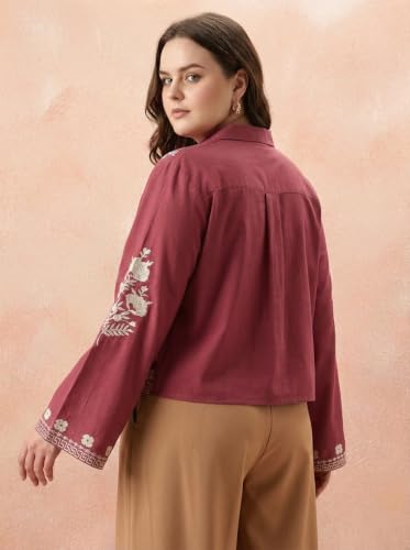 Image of Bee M Pee Designer Women's Embroidered Korean Crop Shirt | Full Bell Sleeves Western Tops for Woman Stylish | Oversized Formal /Casual /Office Wear Cotton Shirts Top for Women