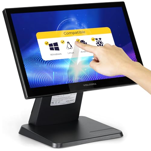 Volcora 15.6" Black LED Touch Screen Monitor with Metal Stand - Backlit 1366 * 768 with VGA HDMI Connection for Small Business, Restaurant, Office - No Driver Required (Not Compatible with macOS/iOS)