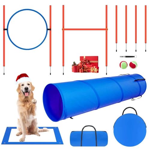Polar Aurora Dog Agility Equipment, Dog Obstacle Courses Backyard - Pet Outdoor Games w/Adjustable High Jump, Agility Weave Poles, Tunnel, Jumping Ring, Pause Box, 2 Balls,Whistle and Carrying Bag