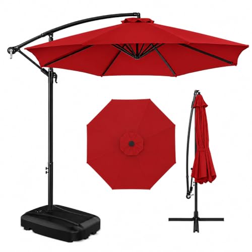 Image of Hukimoyo 10Ft Diameter Large Outdoor Patio Cantilever Offset Umbrella with Base Stand, Waterproof Heavy Duty Garden Parasol Sun Shade Canopy, Side Pole Umbrella for Backyard, Poolside, Deck, Lawn, Terrace, Cafe.