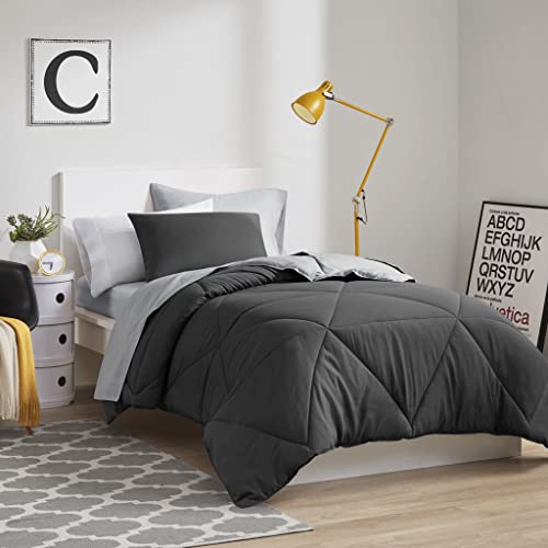 Image of Comfort Spaces Vince Reversible-Bed In A Bag - Trendy Casual Geometric Quilted Cover, All Season Down Alternative Cozy Bedding, Matching-Sham, Twin XL, Reversible Black /Gray 6 Piece