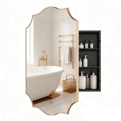 VIWILII Gold Scalloped Edge Vintage Medicine Cabinet Mirror Decorative Bathroom Storage Cabinet with 2 Adjustable Shelves Recessed or Surface Mount (Brushed Gold 16x24)