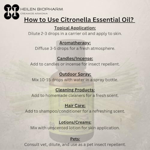 Image of Heilen Biopharm Citronella Essential Oil - 50 mL Per Bottle Pack of 1, For Stress Relief Aromatherapy Insect Repellent (Cymbopogon Nardus)