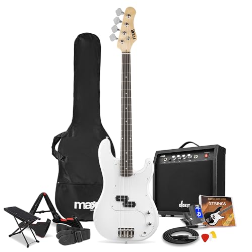 Max Gigkit Electric Beginner Bass Guitar Package - Complete Starter Bass Guitar Set with Amp, Accessories & 6 Months Online Lessons - Ideal for Learner Bass Guitarists in White option