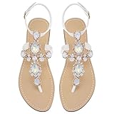ZhuLinFeng Women's Rhinestone Gladiator Sandals Flat Beach Wedding Shoes Flip-flops Gemstone Pearl Sparkling Bride Bridesmaid White Size 9.5