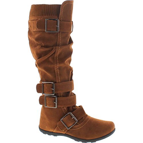 Image of Forever Link Women's Klein-70 Closed Round Toe Buckle Slouch Flat Heel Mid-Calf Boot