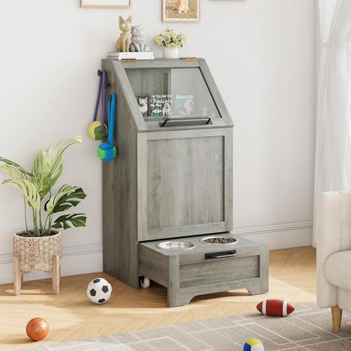 Dog Food Storage Cabinet with Bowls, Tempered Glass