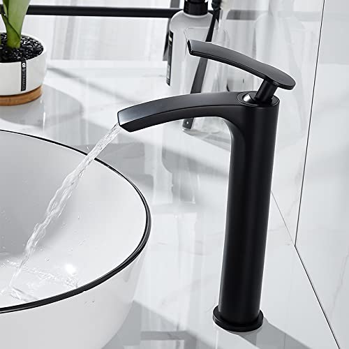 Grifos de baño de un solo mango con salida de cascada negra para lavabos altos