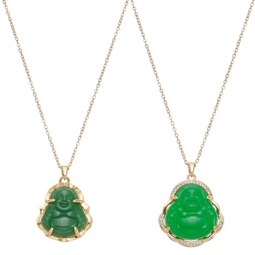 UNICRAFTALE 2 Pièces 2 Styles Collier Pendentif Bouddha Rieur avec Chaîne Plaquée Or 18K Imitation Jade Bouddha Guanyin Cristal Collier en Pierre Précieuse...