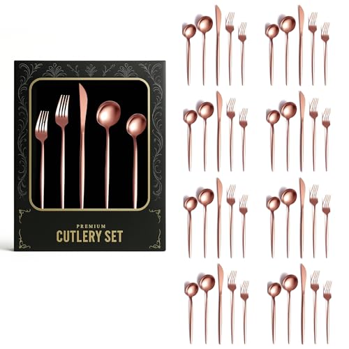 Image of aDai Korean Premium 40 Piece Stainless Steel Cutlery Set | Modern Flatware for Dining | Elegant Gift Box for Everyday Use (Rose Gold)