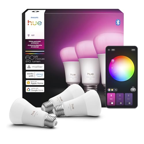 Image of Philips Hue Smart LED A19 Bulb, 3 Pack, White & Color Ambiance, E26 Base, 7.2W, Full Spectrum Light 1000K-20000K, 810 Lumens, Dimmable LED Bulbs, Works with Alexa, Google & Apple Home