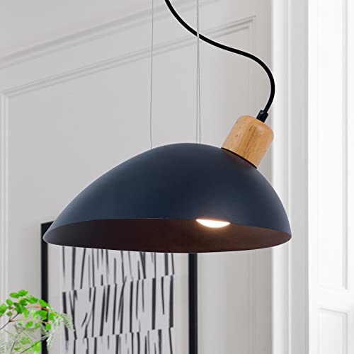 Industrial Black Pendant Light, Curved Shade, and Natural Wood Cap Hanging Lamp with Adjustable Height, for Bedroom, Living Room, Dining Room, Bar