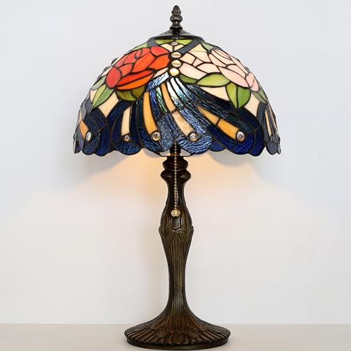 Image of Tiffany Table Lamp 19 inch Stained Glass Reading Lamp Red Rose Style