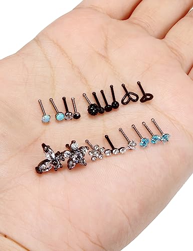 Surgical Steel Nose Ring 20G - Hypoallergenic Nose Studs With Cute Flat Opal Flower Diamond Heart - Straight L Shaped Purple, Pink, Black, Silver for Women Men Gift2