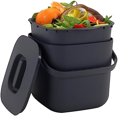 Kitchen Compost Bin with Lid, Countertop Composter for Organic Waste, Odour Proof, Removable Inner Sieve, Indoor Trash Can Bucket Garbage, 1.32 Gallon, Charcoal Grey