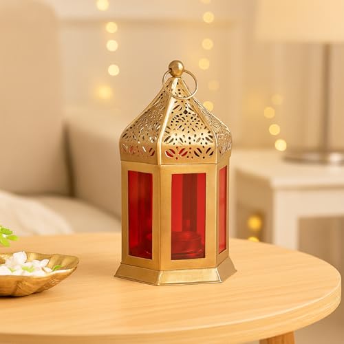 Image of MARKET 99 Metal & Glass Moroccan Lantern with Plain Glass | Christmas & Holiday Candle Holder, Festive Home Decor, Diwali & Birthday Decoration-Golden & Red | (Use LED T-Light only)