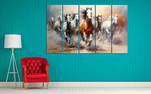 Image of KYARA ARTS seven vastu running horse wall painting (30inch x 48inch wooden multiple framed)