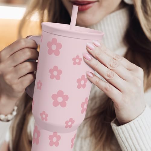 Image of Floral Tumbler with Handle and Straw 40oz Stainless Sleel Slider Tumbler Travel Coffee Mug for Women - Gift Idea for Birthday Christmas