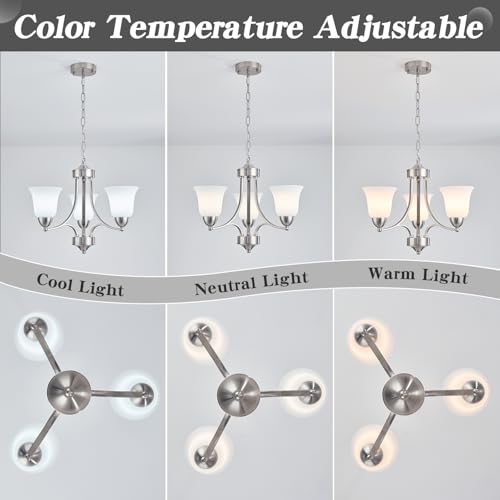 Image of 3-Lights Farmhouse Chandelier Brushed Nickel Modern Dining Room Light Fixture Silver Adjustable Ceiling Hanging Pendent Lighting with Frosted Glass for Kitchen Island, Living Room,Foyer