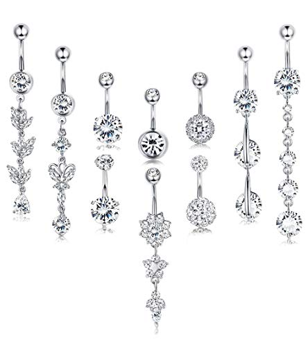 Finrezio 10PCS 14G Stainless Steel Dangle Belly Button Ring for Women Girls Navel Clear CZ Inlay Body Piercing Jewelry Barbell