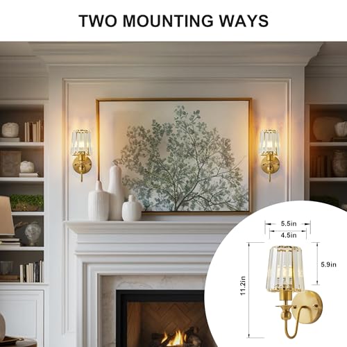 Image of KARTOOSH Hardwired Crystal Wall Sconces Set of 2 | 11.2 Inch Brass Wall Lights Dimmable 3000K Warm White Wall Lamps for Hallway, Bathroom, Living Room, Bedroom
