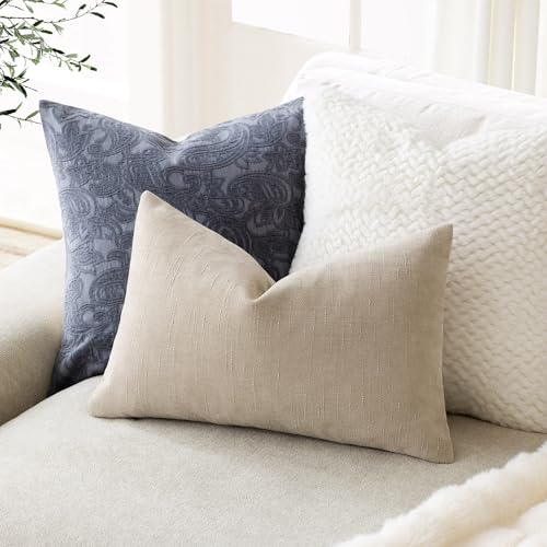 Image of Foindtower Pack of 2 Soft Textured Chenille Throw Decorative Pillow Covers Lumbar Accent Solid Cushion Cover Cozy Neutral Farmhouse Pillow Case for Couch Sofa Bedroom Living Room 12x24 Inch, Beige