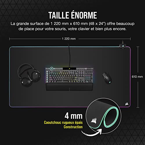 Corsair MM700 RGB Extended 3XL Tapis de Souris Gaming en Tissu - Surface de 1220 x 610 mm - Éclairage RGB sur Trois Zones à 360° - Hub doté de Deux Ports USB - Base en Rugueux Antidérapante - Noir