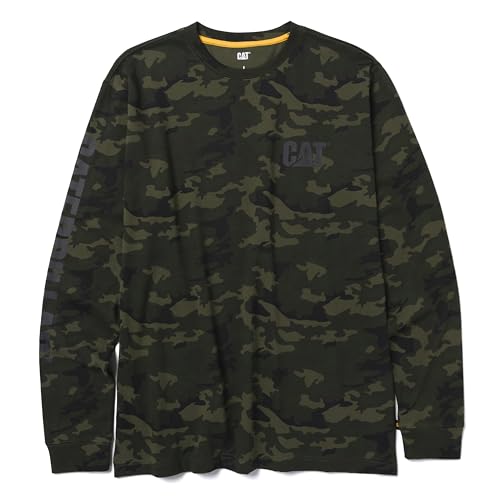 Caterpillar Trademark Banner Long Sleeve Tee Shirts for Men with Center Back Neck Wire Management Loop and Cat Workwear Logo, Night Camo Black, XL