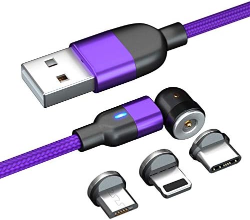JJA Magnetic Charging Cable, 3 in 1 Micro USB, Type C, i/connector, Android Smart Phones, Rotating, Fast Charger, Made with Visibility LED & Strong Nylon Braided (1 Meter Purple)