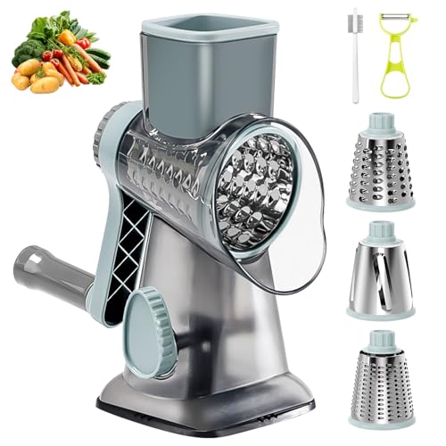 Cheese Grater, Käsereibe mit Kurbel, Trommelreibe, Gemüsehobel Reibe mit 3 Trommelklingen, manuell rotary Trommelreibe edelstahl für Käse Gemüse Obst Nüsse Ice Kartoffel Küche