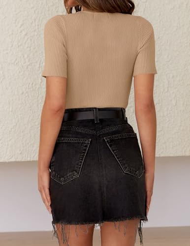 Image of ZESICA Women's Short Sleeve Sweater Tops 2026 Summer Crewneck Basic T Shirt | Business Casual Outfits, Solid Color Ribbed Knit Tee, Slim Fitted, Soft Skin Friendly, Going Out Top, Cute Dressy Blouse