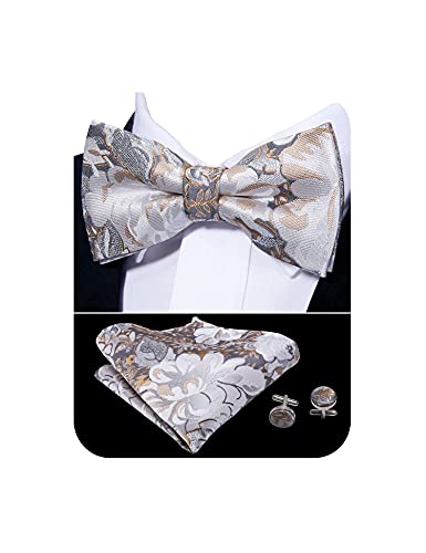 Barry.wang Bow Tie Floral/Plaid Striped Silk Tie Mens Pre-Tied Bow Ties Pocket Square Cufflinks Set Wedding Necktie Formal #TOP12