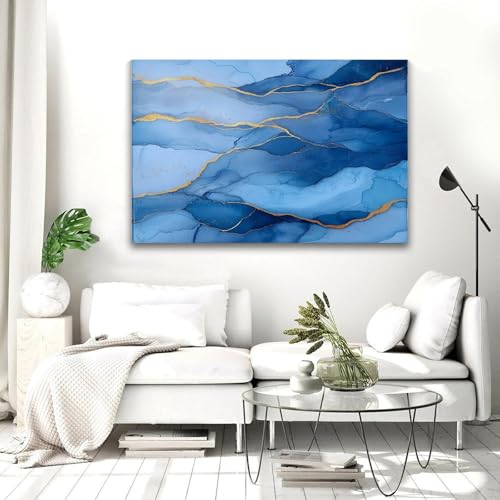 Décoration murale d'intérieur tableau abstrait bleu et or grand format - 5