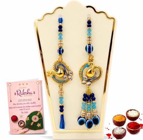 Image of Fabbites Rakhi and Lumba Set for Bhaiya Bhabhi, Designer Premium Peacock Evil Eye Rakhi for Brother and Bhabhi with Rakshabandhan Greeting Card,Tilak,Chawal for Bhai n Sister in Law