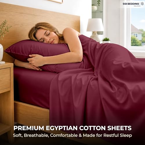 Image of SGI bedding 100% Egyptian Cotton Sheets Full Size - 600 Thread Count Sheets Set, Soft, Cooling, 15 inch Deep Pocket, Luxury Hotel Bedding, Breathable, Durable - Burgundy
