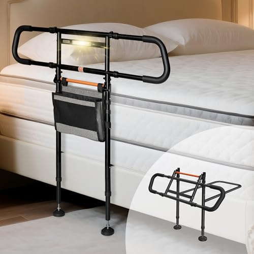 NIMOOD C5 Pro Bed Rails for Elderly Adults Safety - Foldable Bed Assist Rail with Adjustable Height, Bed Cane with Non-Slip Wider Handrail, Motion Sensor Light Fits King Queen Twin Beds