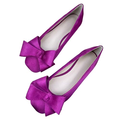 HuangTaiJi Qing Women's Bowtie Square Toe Ballet Flats Suede Dressy Comfortable Bowknot Shoes Slip-Ons Walking Loafers