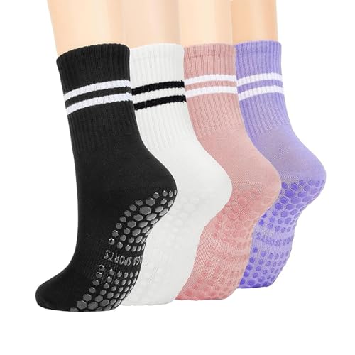Pilates Socks For Women with Non Slip Grip 4 Pairs Yoga Grippy Sock For Barre, Dance, Hospital Sticky Slippre Sock