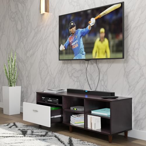 Image of VIKI Modern TV Unit for Living Room | Engineered Wood TV Cabinet with 1 Drawer Storage & 3 Open Shelves, Entertainment Unit, 140W x 48H x 40D cm | DIY | 1 Year Warranty (Wenge & White)
