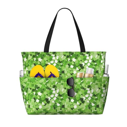 Large Beach Bags Water-resistant Sandproof - Sparkling Green Cute Beach Tote Bags for Women with Zipper